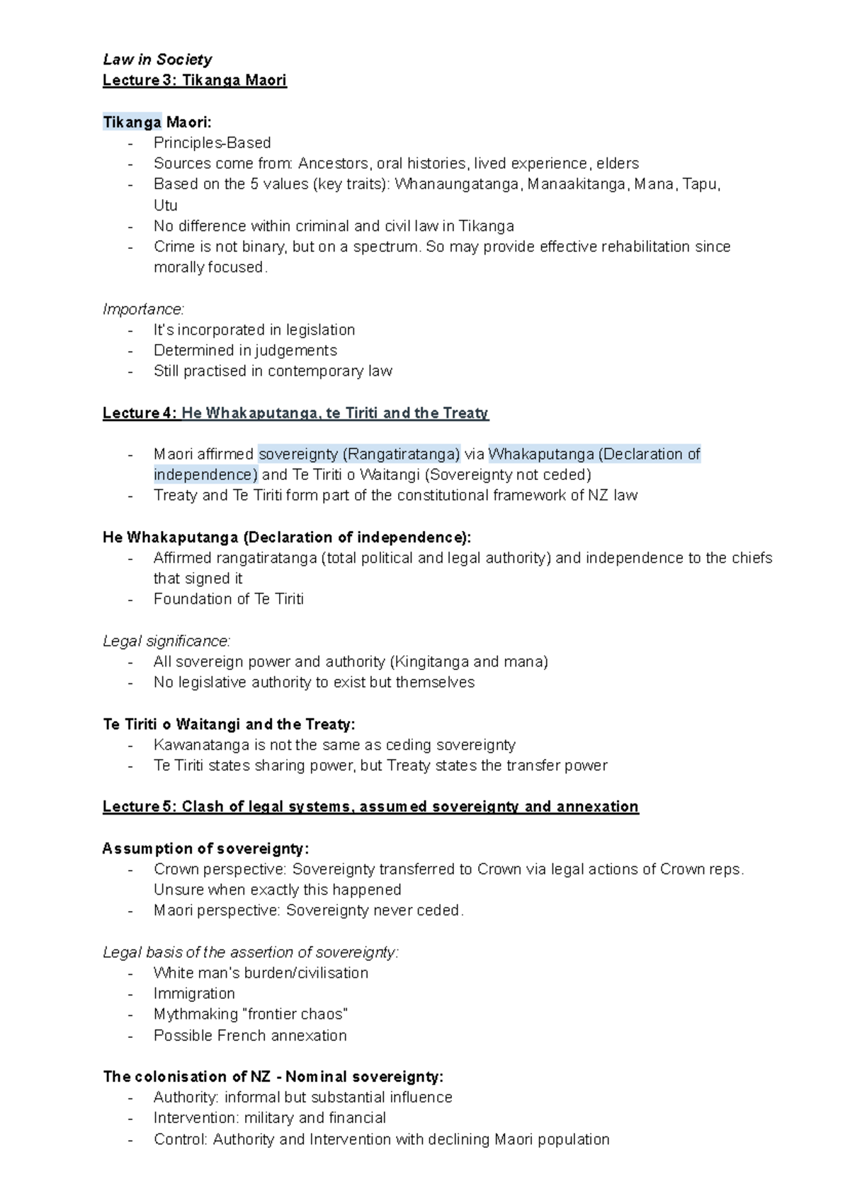 Law 121 - Lecture Notes on Tikanga Maori and Legal Systems in NZ - Studocu