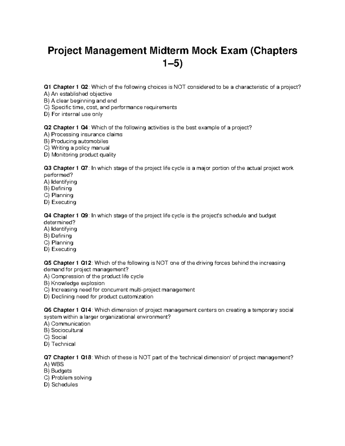 Project Management PMT 101 Midterm Mock Exam Review - Studocu