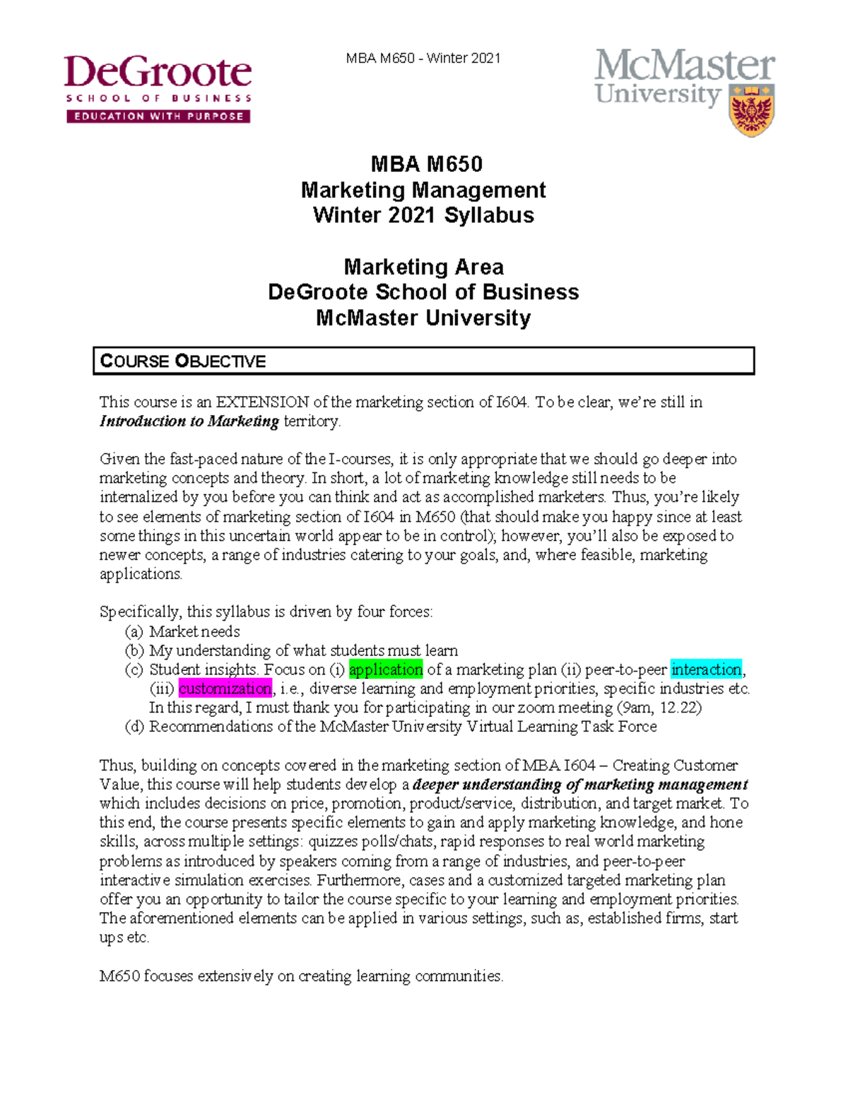 MBA M650 Winter 2021 Marketing Management Syllabus and Course Overview ...