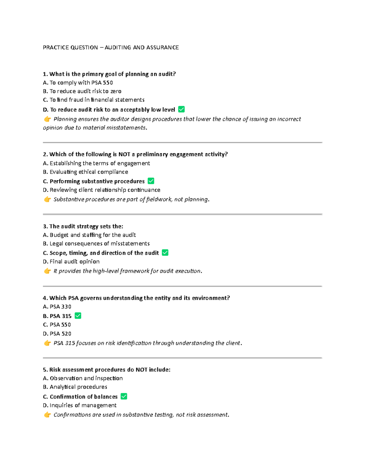 Practice Questions for Auditing and Assurance (AUD 101) - Studocu