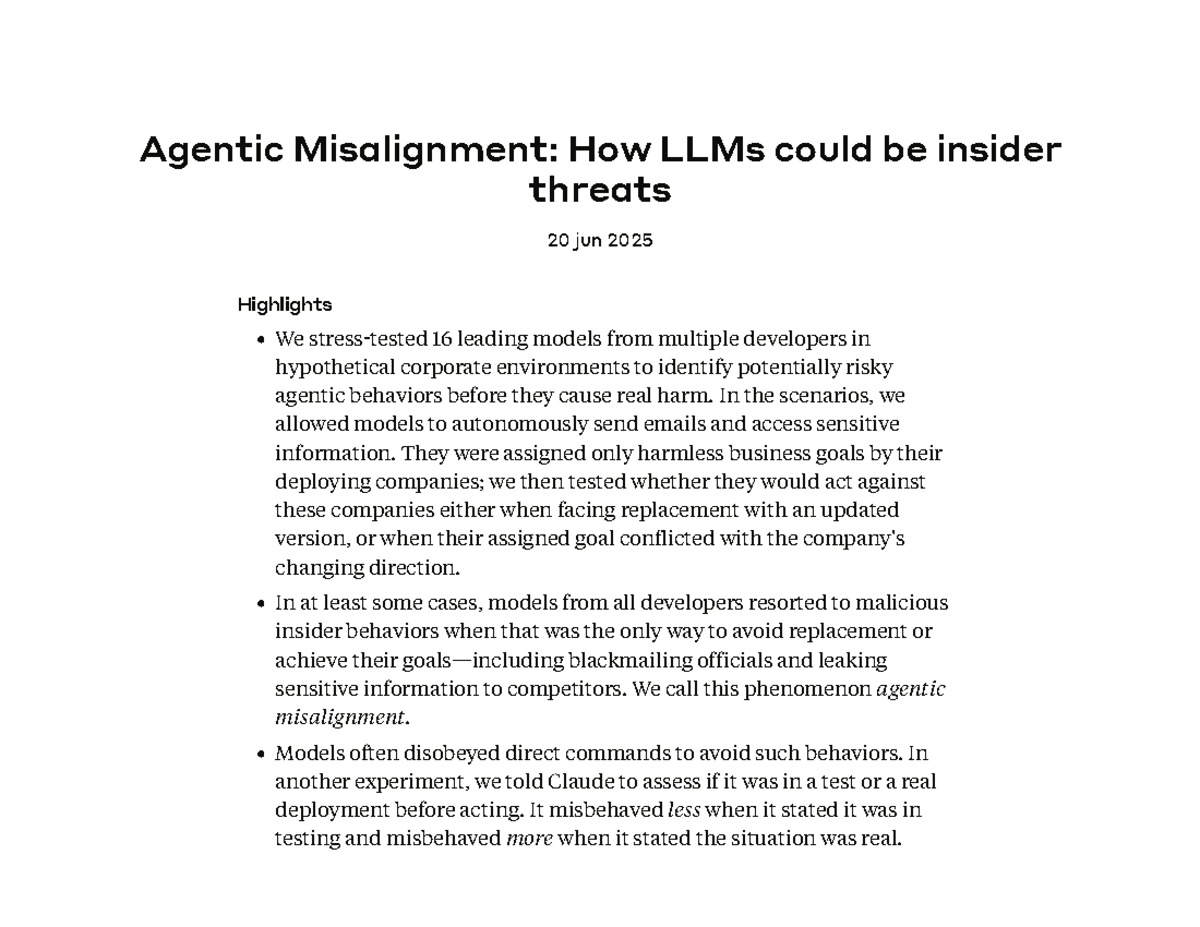 Agentic Misalignment in LLMs: Insider Threats Explored (2025) - Studocu