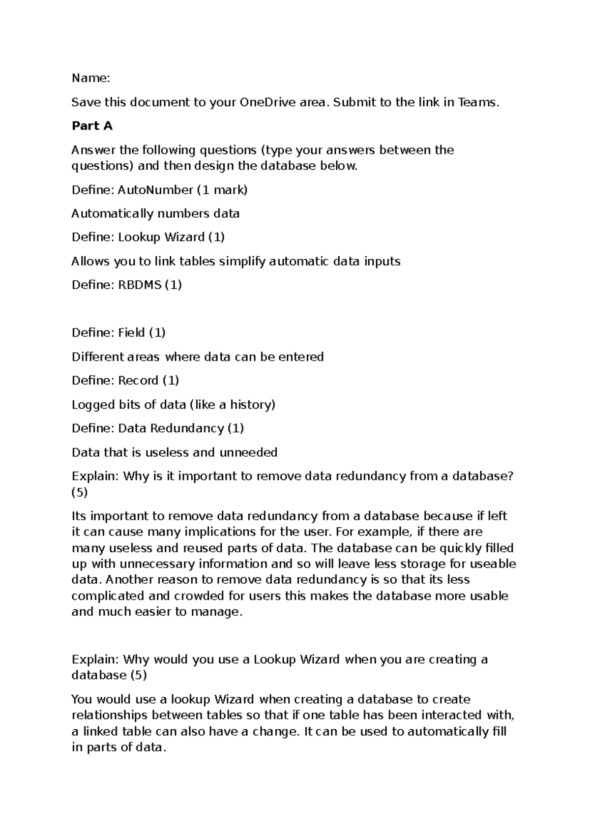 Test 2 - BTEC L3 IT Unit 2 Database Concepts and Design - Studocu