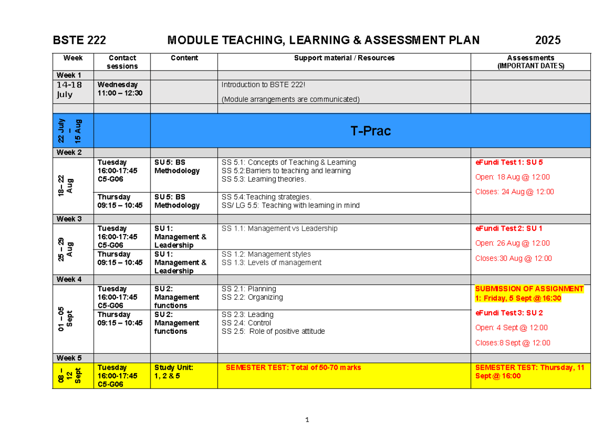 BSTE 222 Weekly Planning & Assessment Schedule 2025 - Studocu