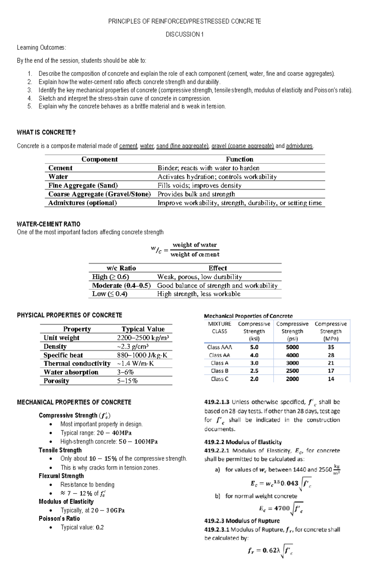 CIVIL ENG 101: Discussion 1 on Concrete Principles and Properties - Studocu