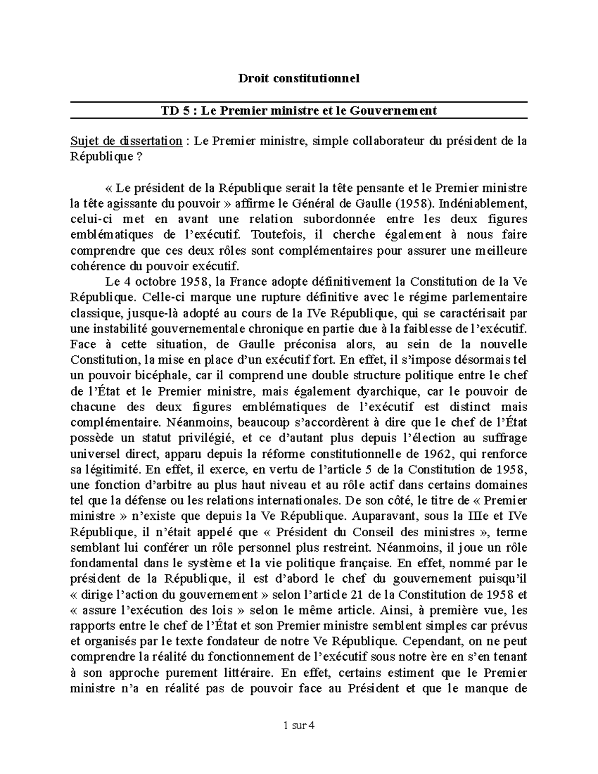 TD 5 - Le Rôle du Premier Ministre face au Président de la République ...