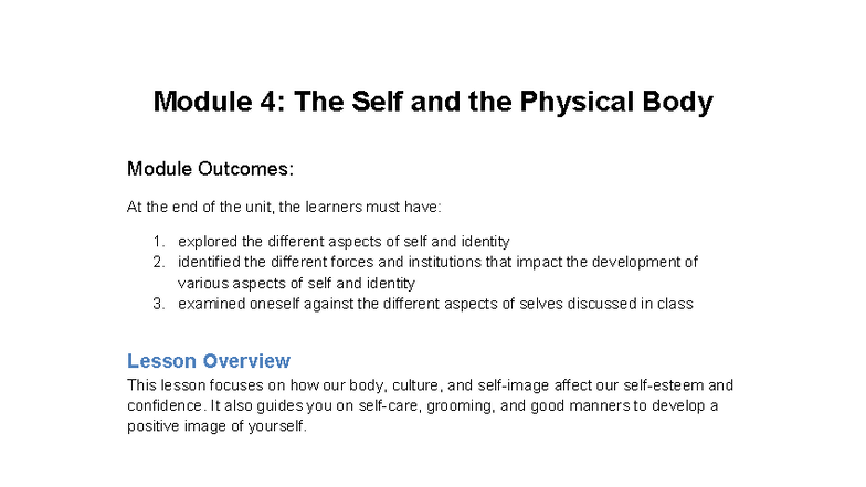Module 4: The Self and the Physical Body - Key Concepts and Grooming ...