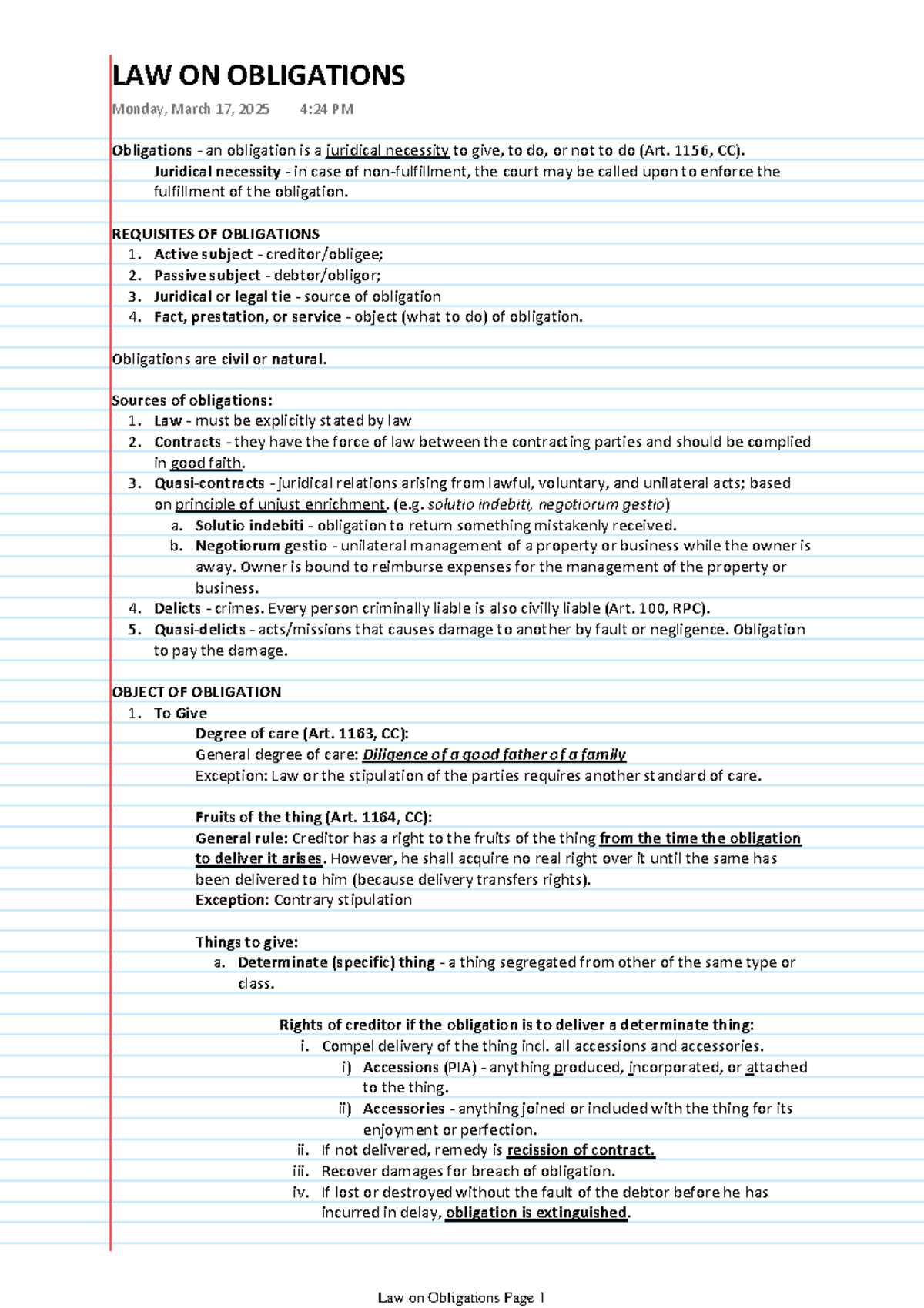 LAW ON OBLIGATIONS: Key Concepts and Legal Principles (LAW101) - Studocu