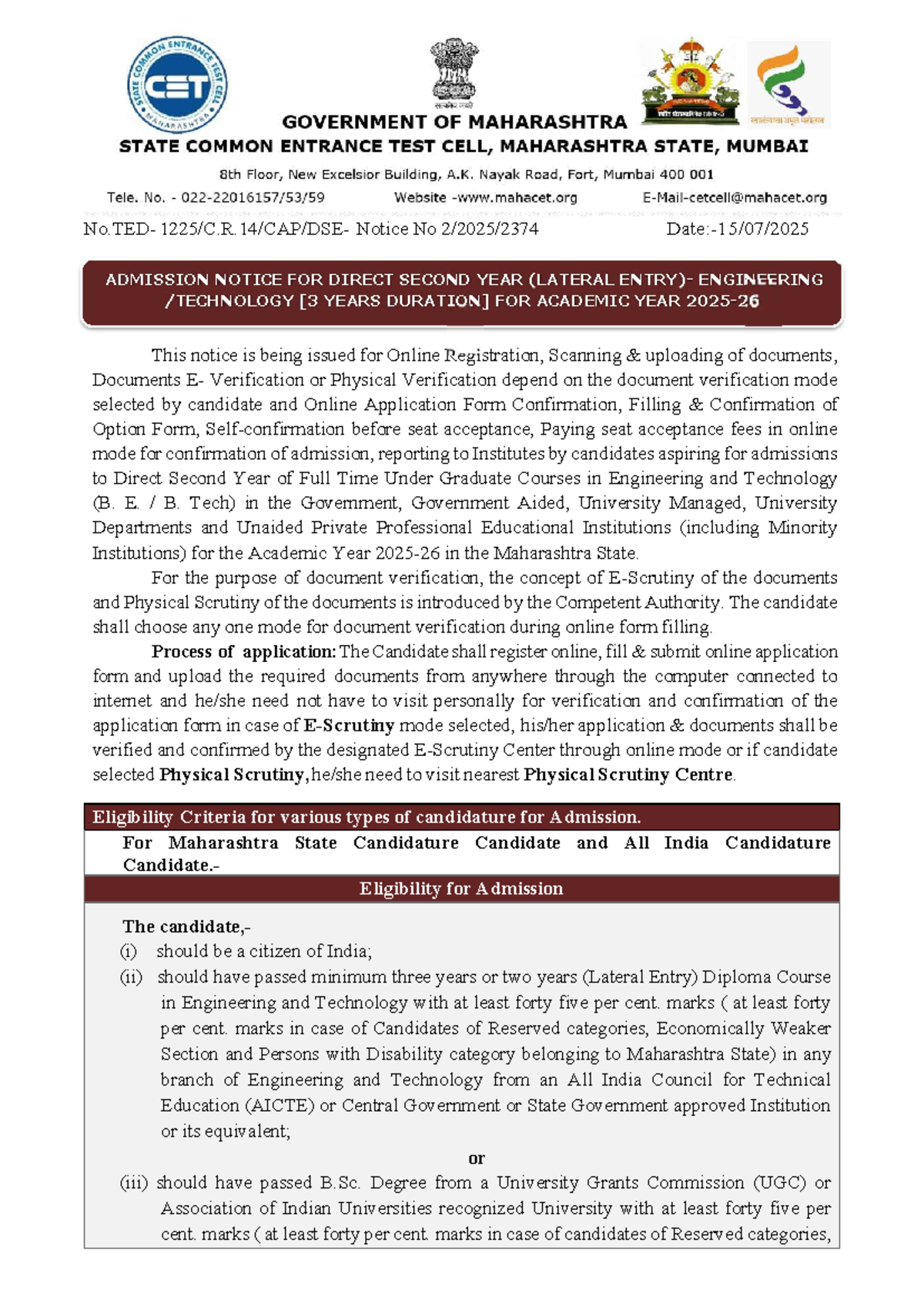 Admission Notice for Direct Second Year Engineering (DSE 2025) - Studocu