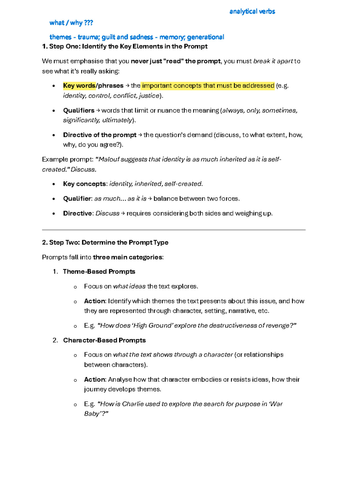 Analytical Verbs: Unpacking Themes of Guilt & Sadness (ENG 101) - Studocu