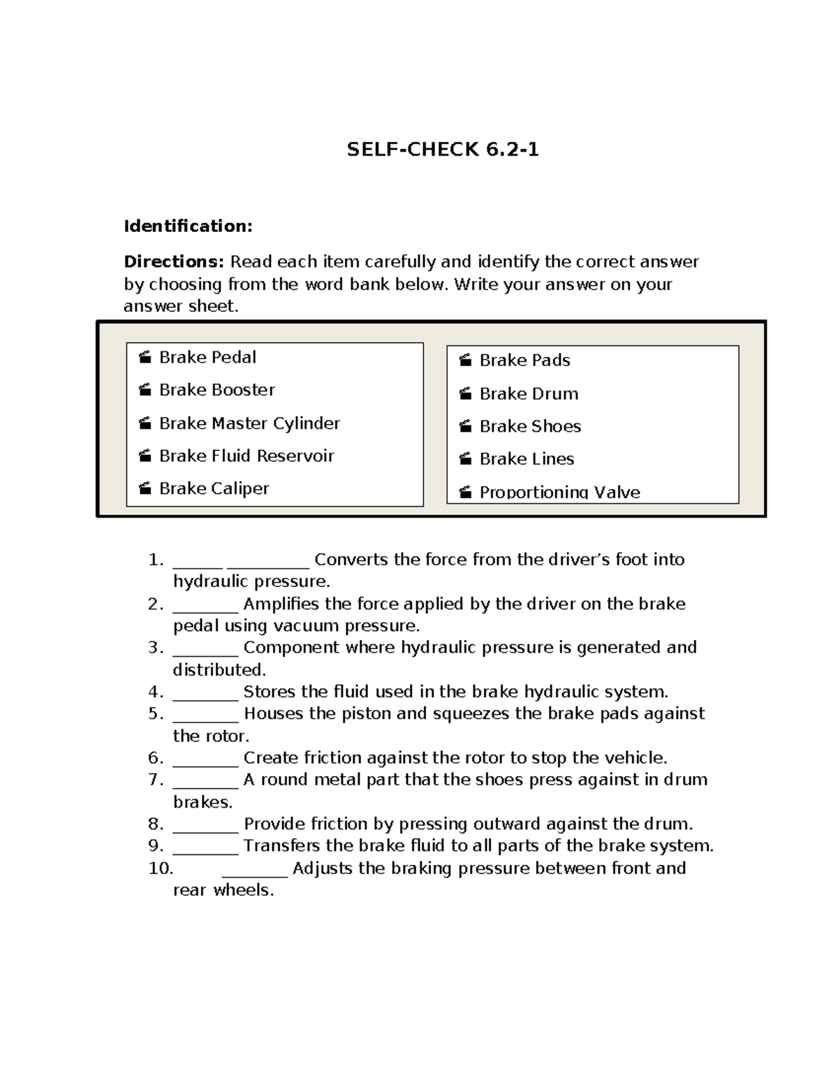 SELF CHECK & JOB SHEET 6: Brake System Inspection & Fluid Replacement ...