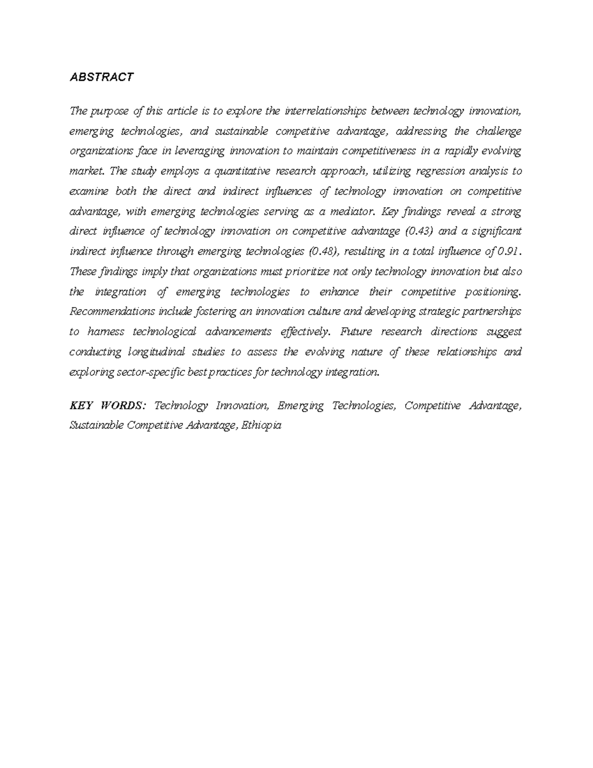 Effect of technology innovation on sustainable competitive advantage ...