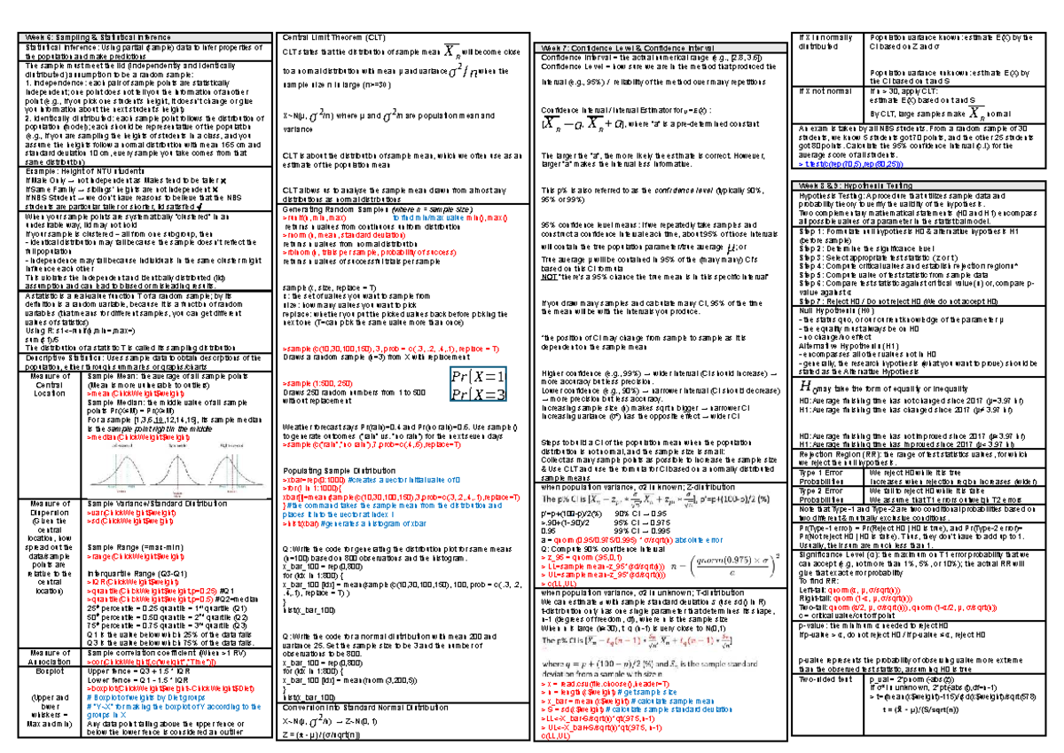 Stats Cheatsheet Quiz 2: Sampling, Inference, and Hypothesis Testing ...