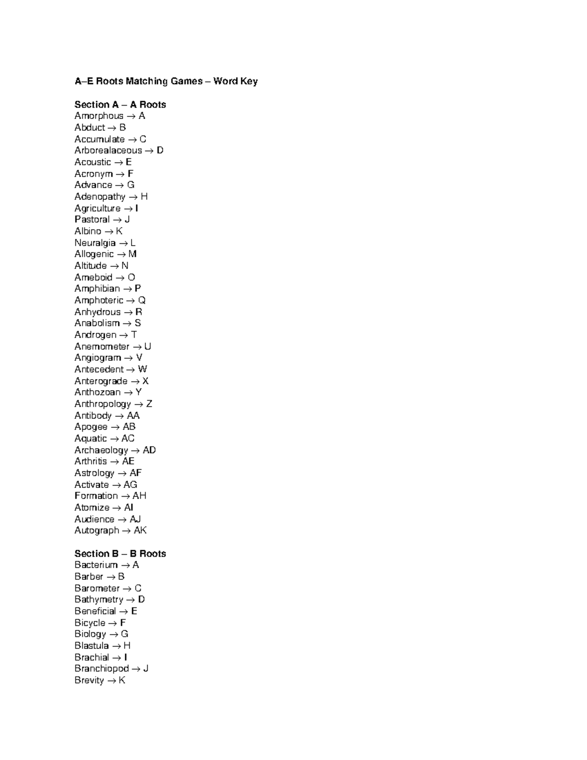 A-E Roots Matching Games Word Key with Course Codes - Studocu
