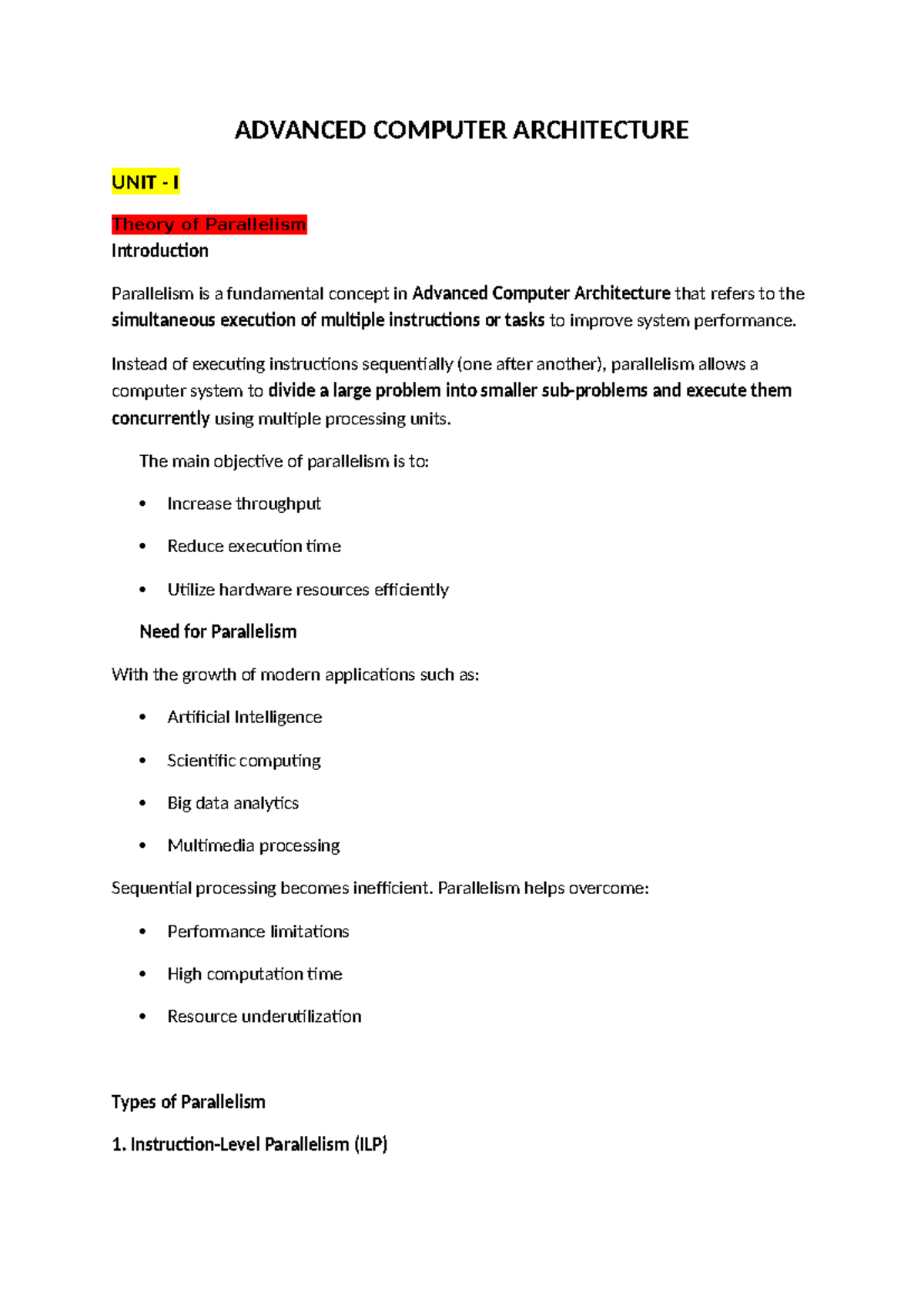 Advanced Computer Architecture (ACM 101) Unit I: Theory of Parallelism ...