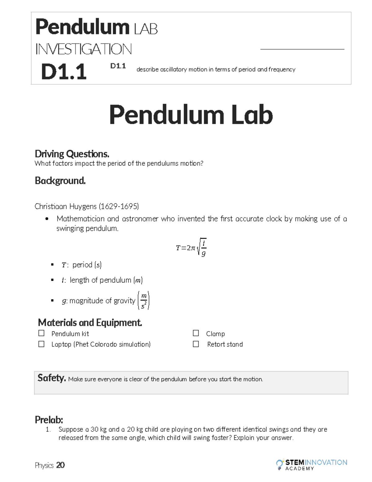 Pendulum Lab Investigation Report - Physics 20 - 3296884 - Studocu