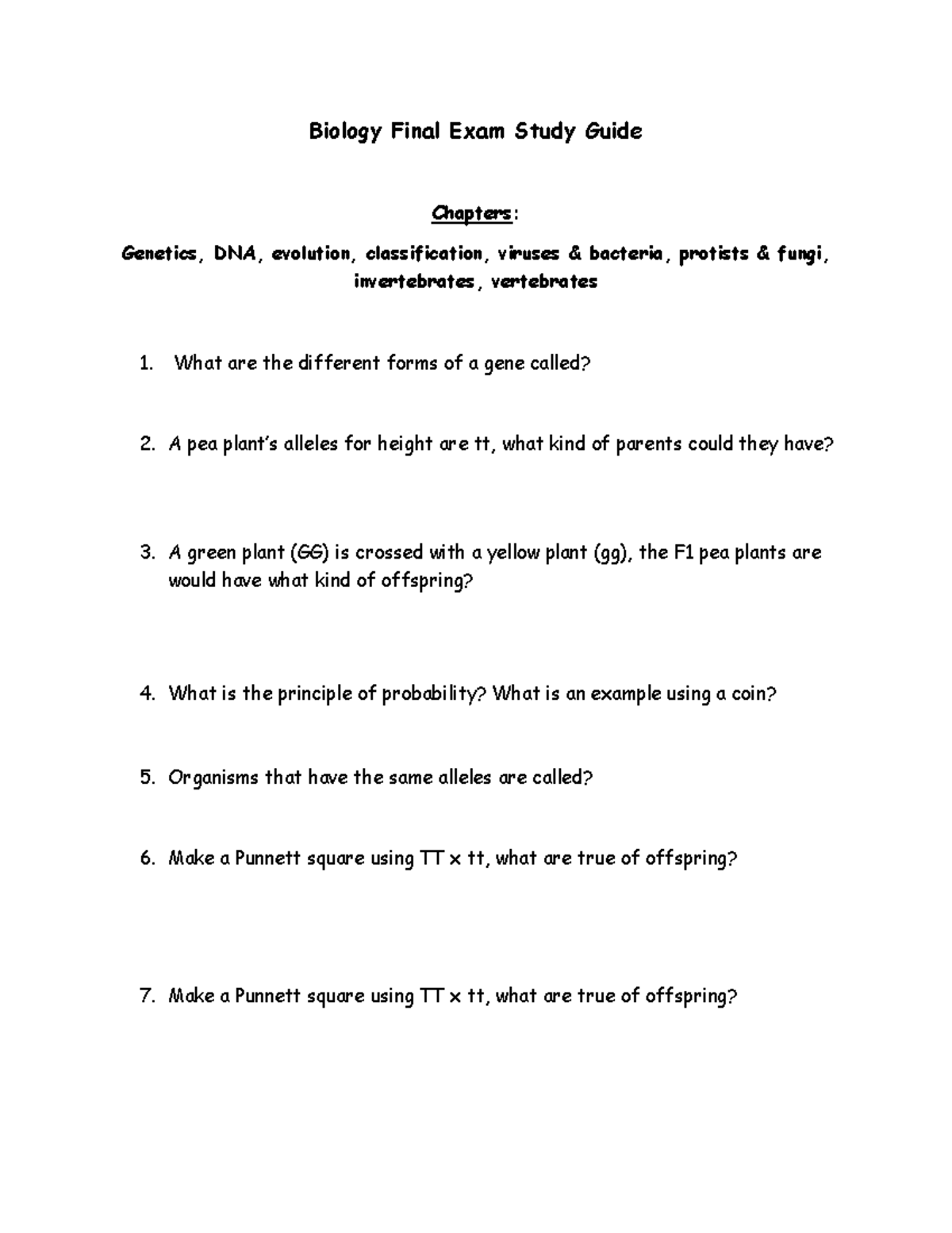 Biology 101 Final Exam Study Guide: Genetics, Evolution ...