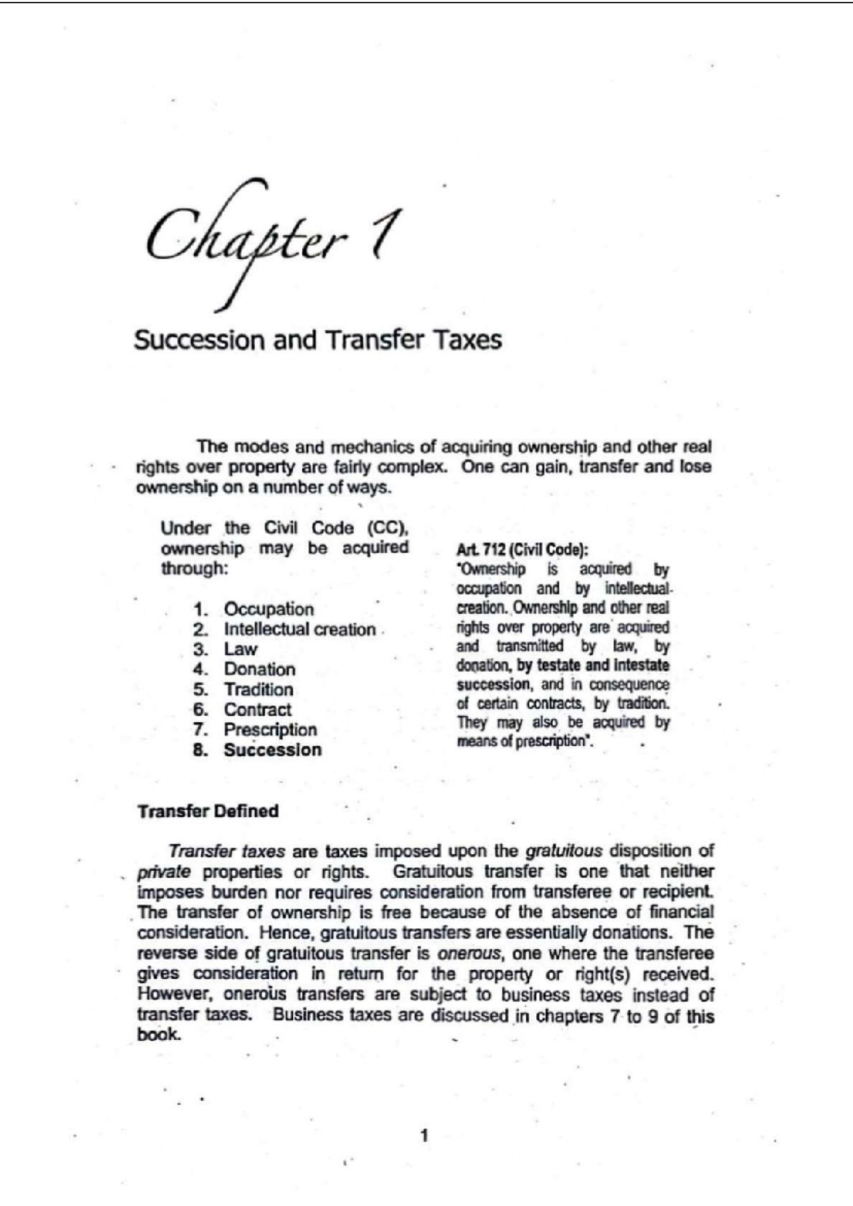 Chapter 1: Succession and Transfer Taxes Overview (Transfer & Bus. Tax ...