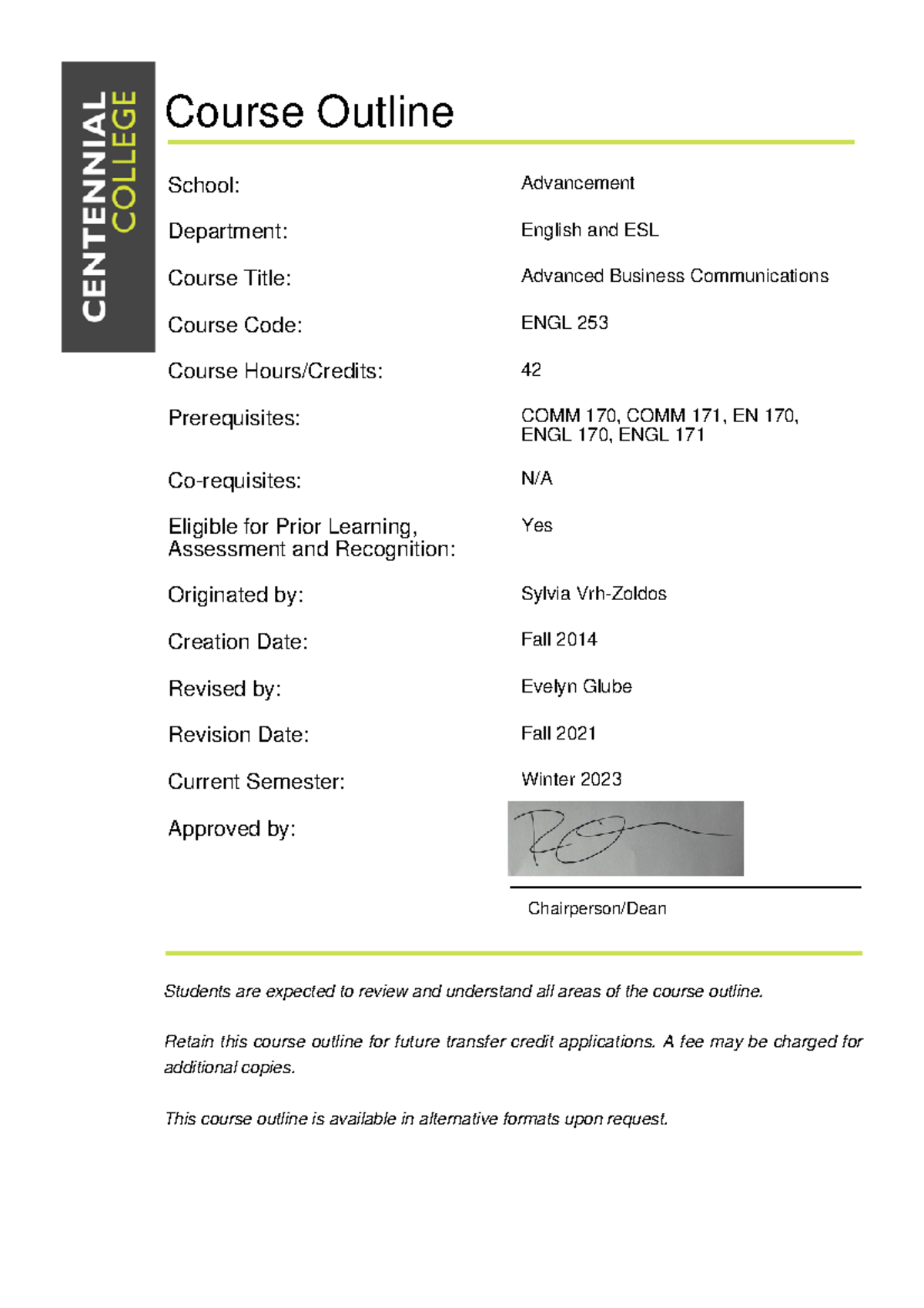 ENGL 253 - Advanced Business Communications Course Outline - Studocu