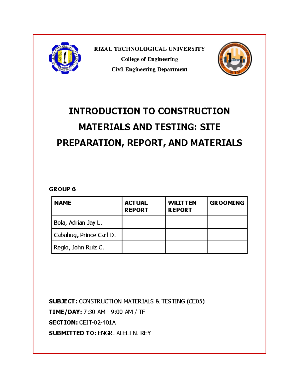 Construction Materials Testing (CE05) Group 6 Written Report on Site ...
