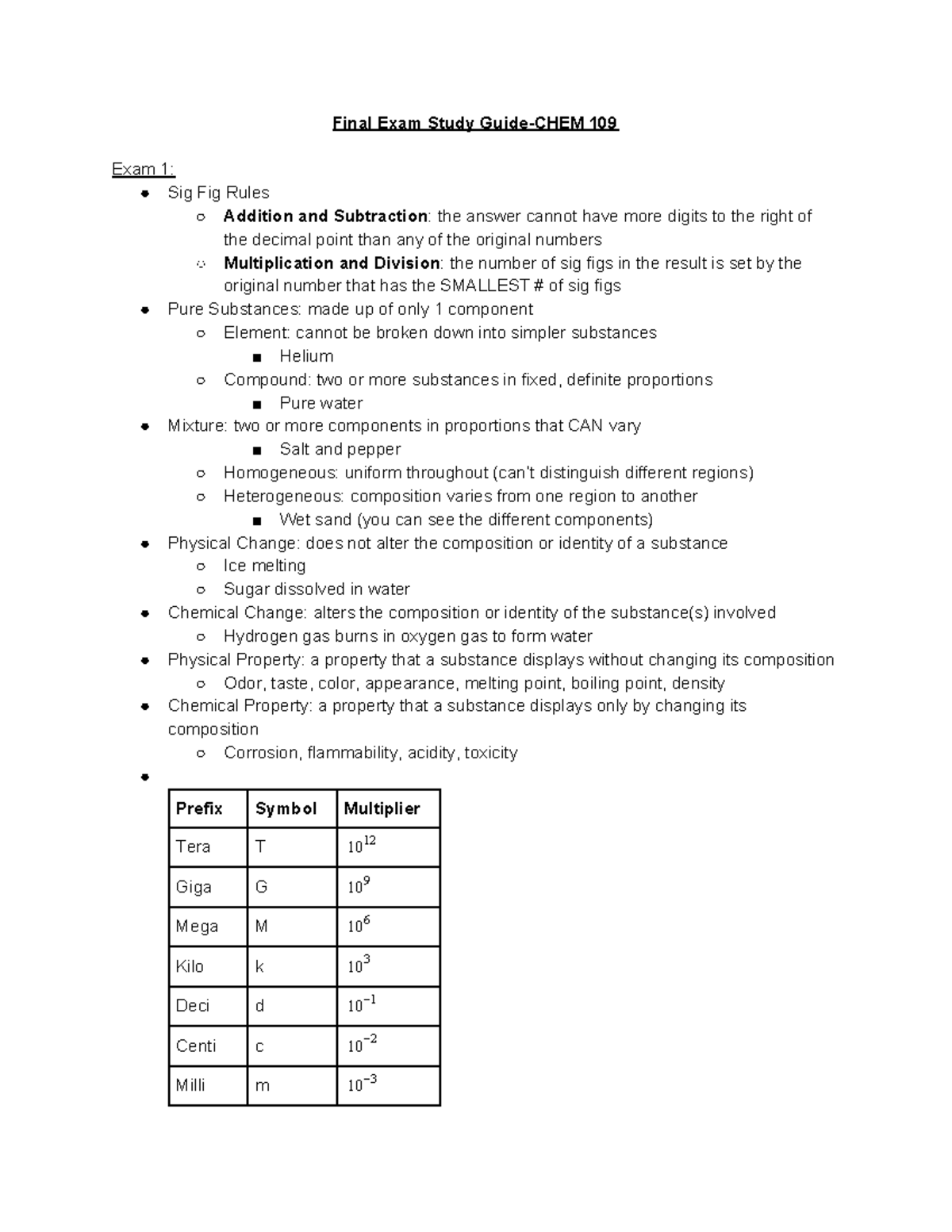 Final Exam Study Guide-Chem - Final Exam Study 109 Exam 1: Sig Fig ...