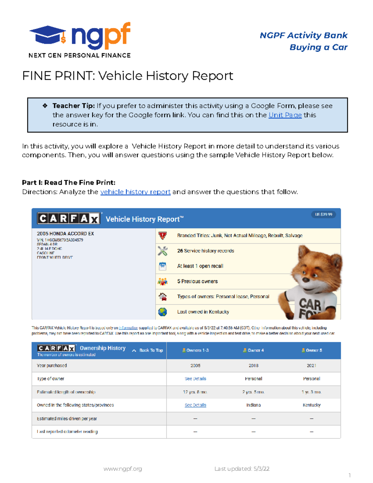 FINE Print Exam: Analyzing Vehicle History Reports (NGPF) - Studocu
