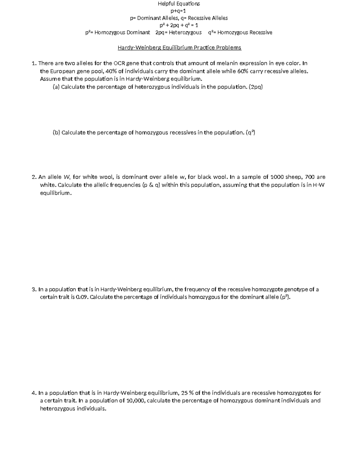 Hardy-Weinberg Equilibrium Practice Problems (BIO 101) - Studocu