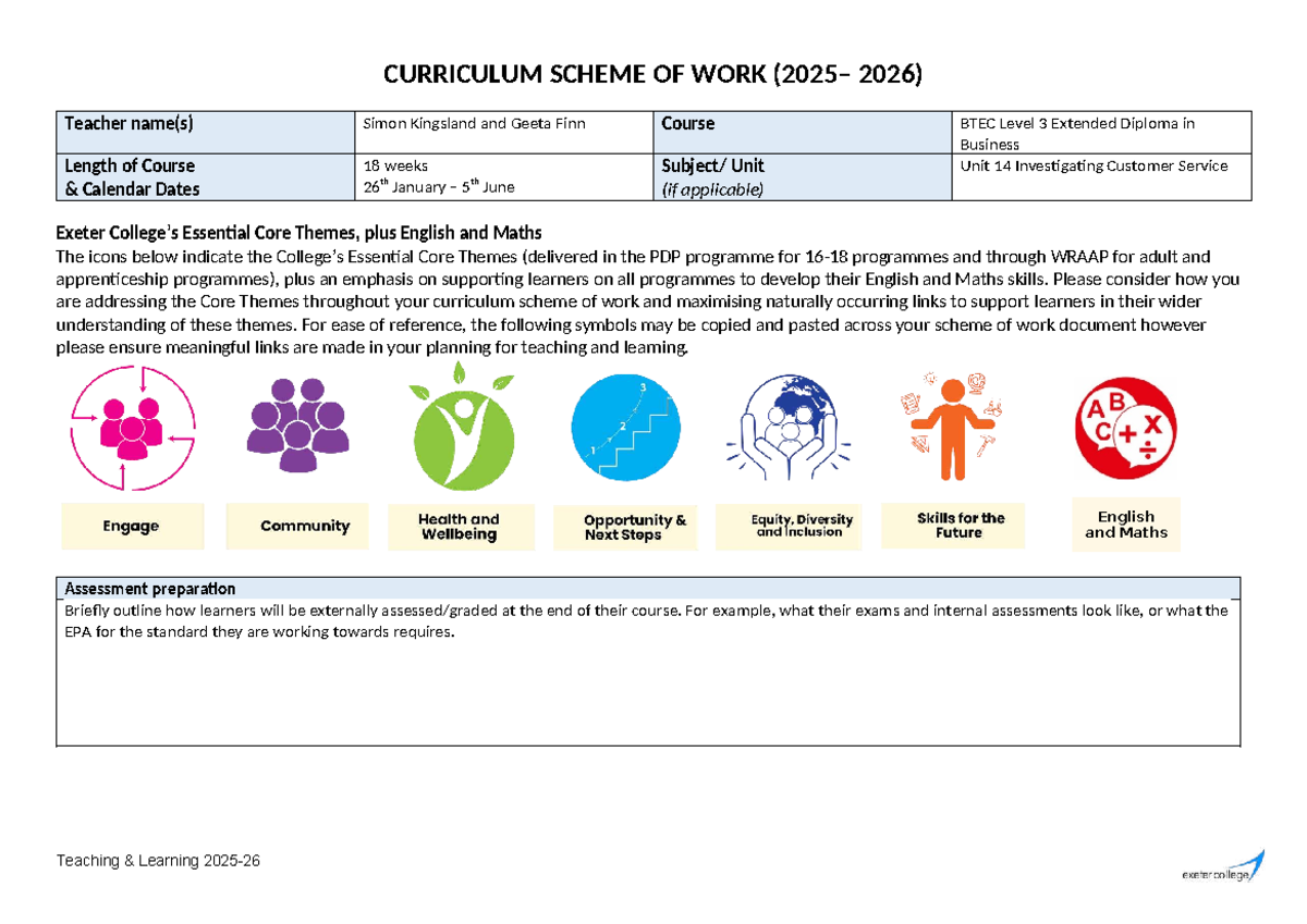 Unit 14: Investigating Customer Service Curriculum Scheme of Work 2025 ...