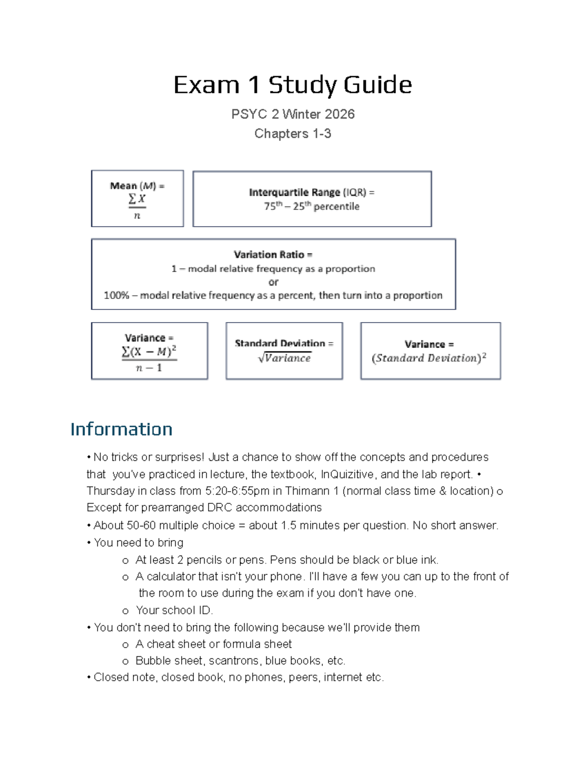 Exam 1 Study Guide PSYC 2 Winter 2026: Key Concepts & Preparation Tips ...