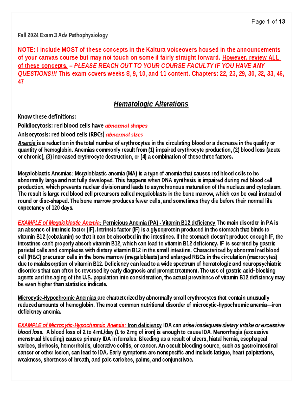 Focused Review Study Guide for Exam 3 - Adv Pathophysiology (Fall 2024 ...