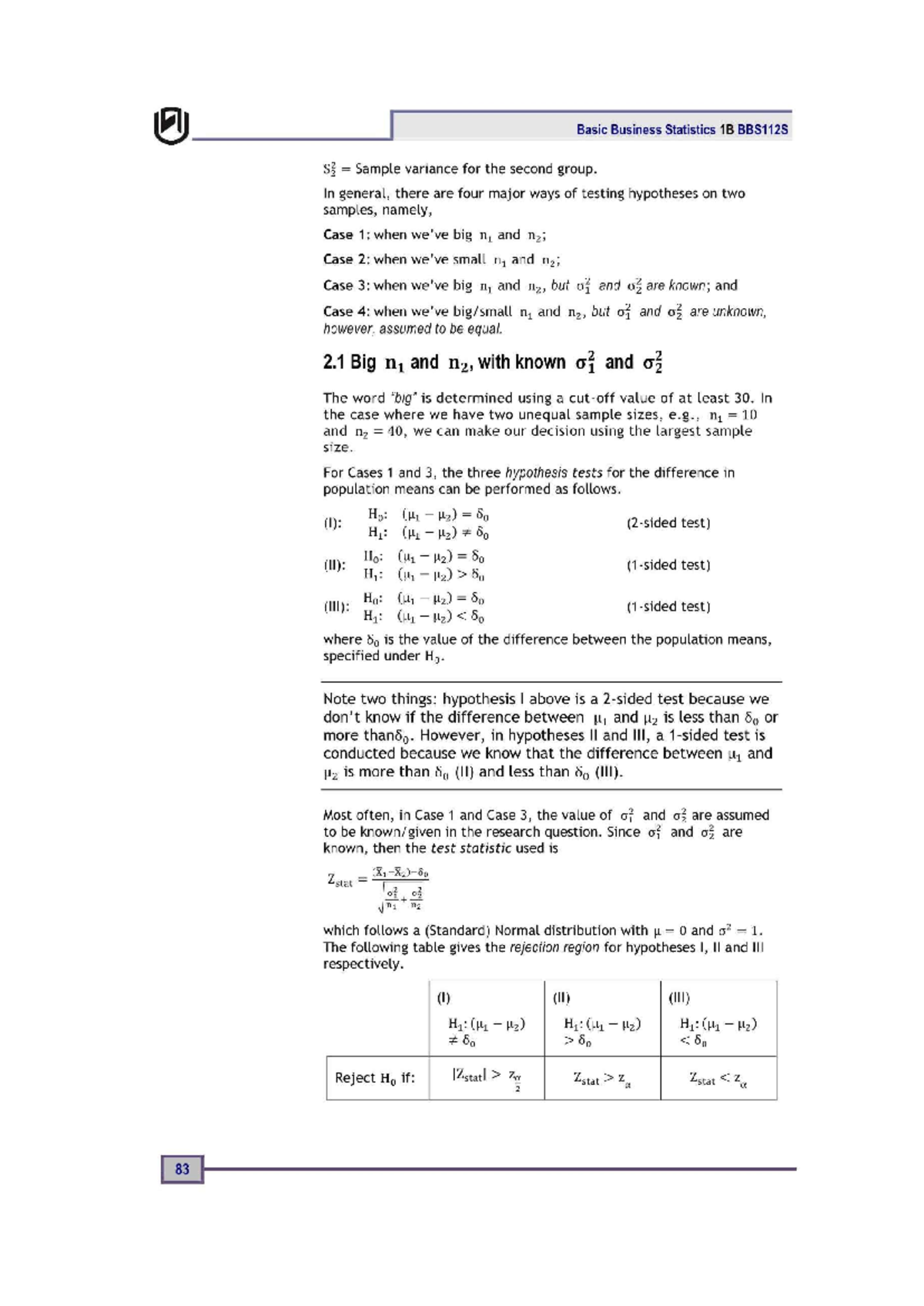 Basic Business Statistics 1B BBS112S S² Sample Variance & Hypothesis ...