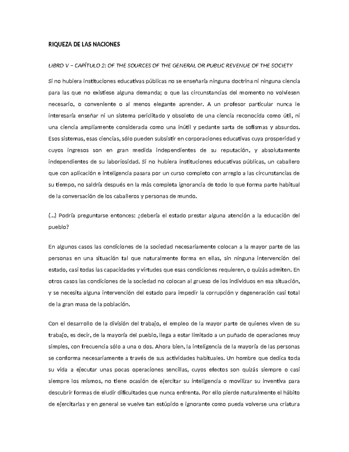 RIQUEZA DE LAS NACIONES LIBRO V CAPÍTULO 2: REVENUE Y EDUCACIÓN - Studocu