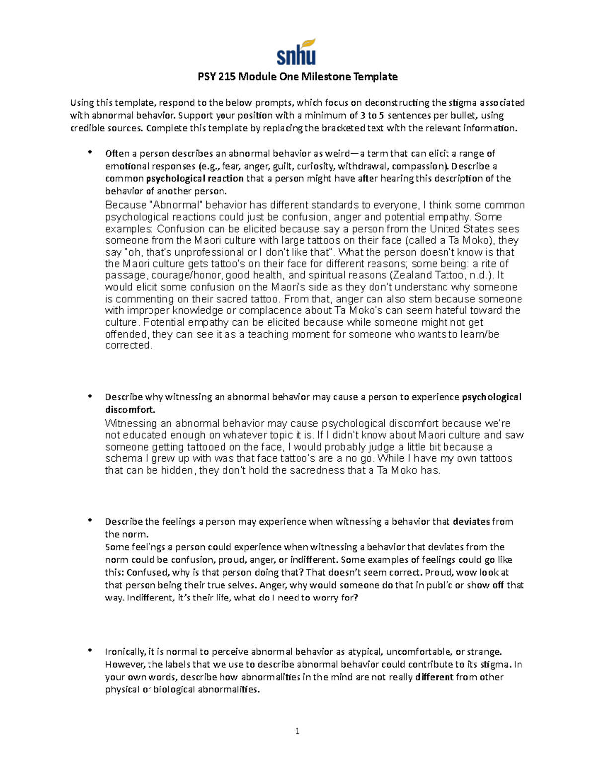 PSY 215 Module One - Milestone Template on Abnormal Behavior - Studocu