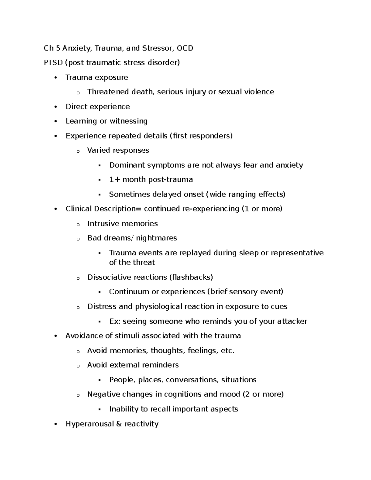 Chapter 5 Notes: Anxiety, Trauma, Stressor & OCD - PSY 359 - Studocu