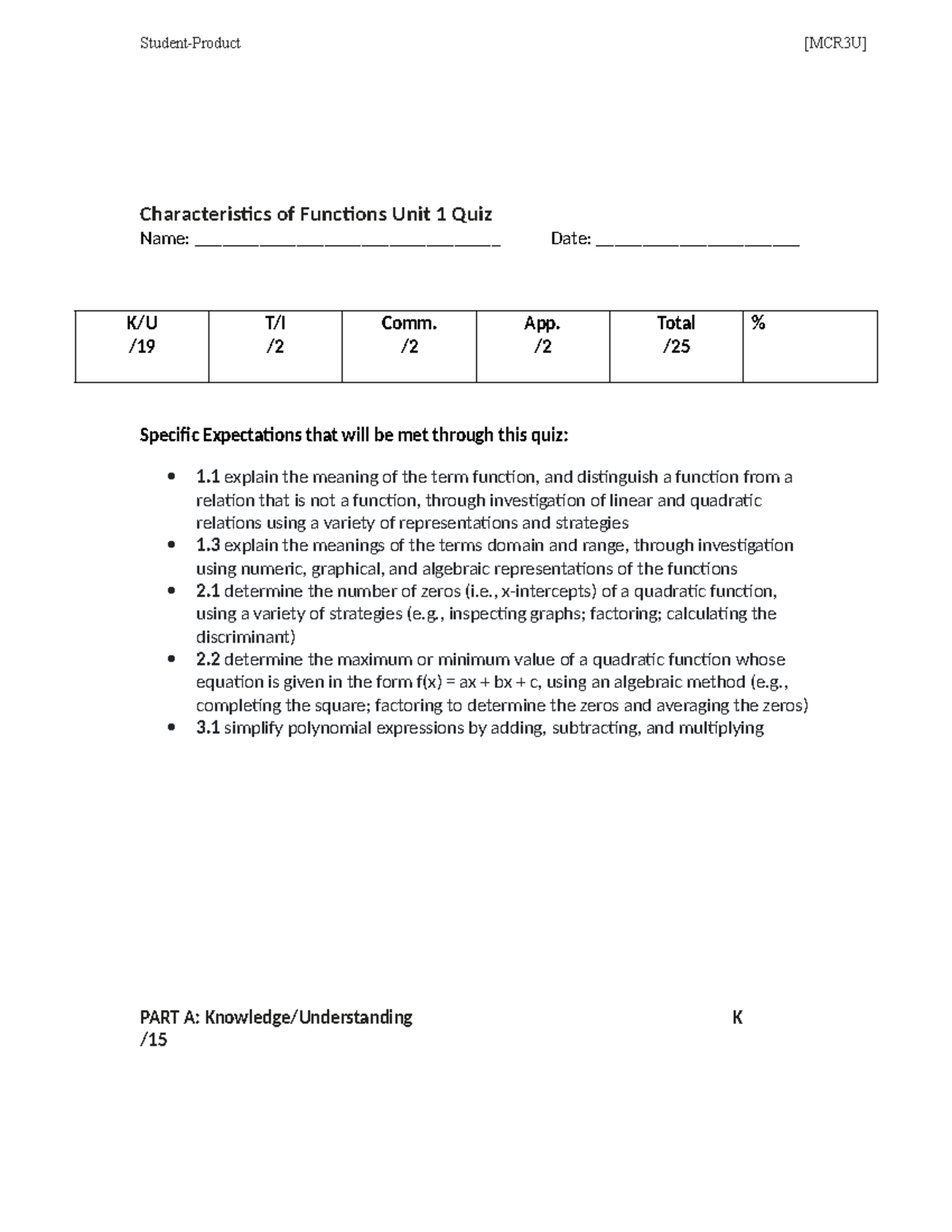 Unit 1 Quiz - Characteristics of Functions Review - Studocu