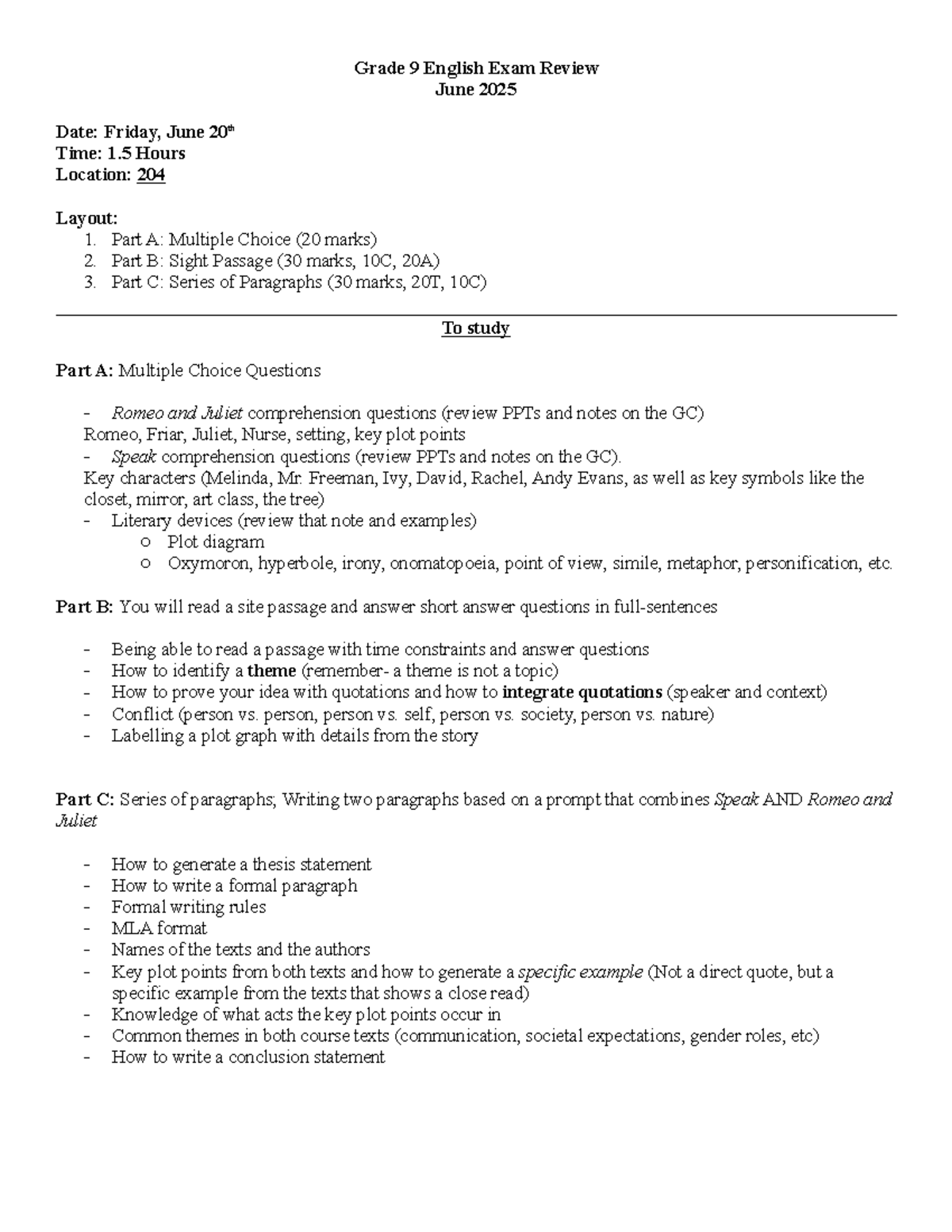 Grade 9 English Exam Review Guide - June 2025 (Final Exam) - Studocu