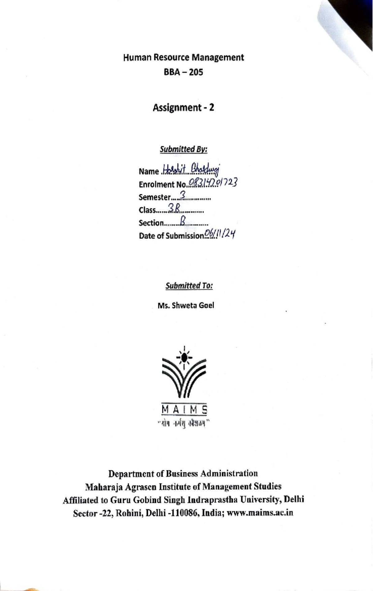 Harshit Bhardwaj HRM Assignment 2 - HumanResourceManagement BBA ...