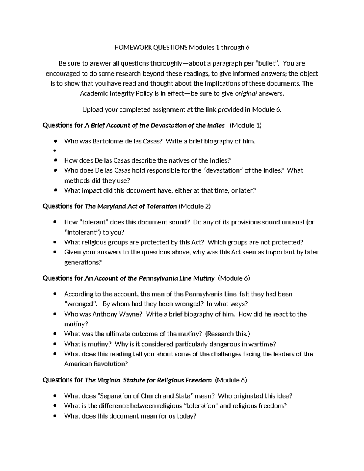 Homework-I - AMerican - HOMEWORK QUESTIONS Modules 1 through 6 Be sure ...