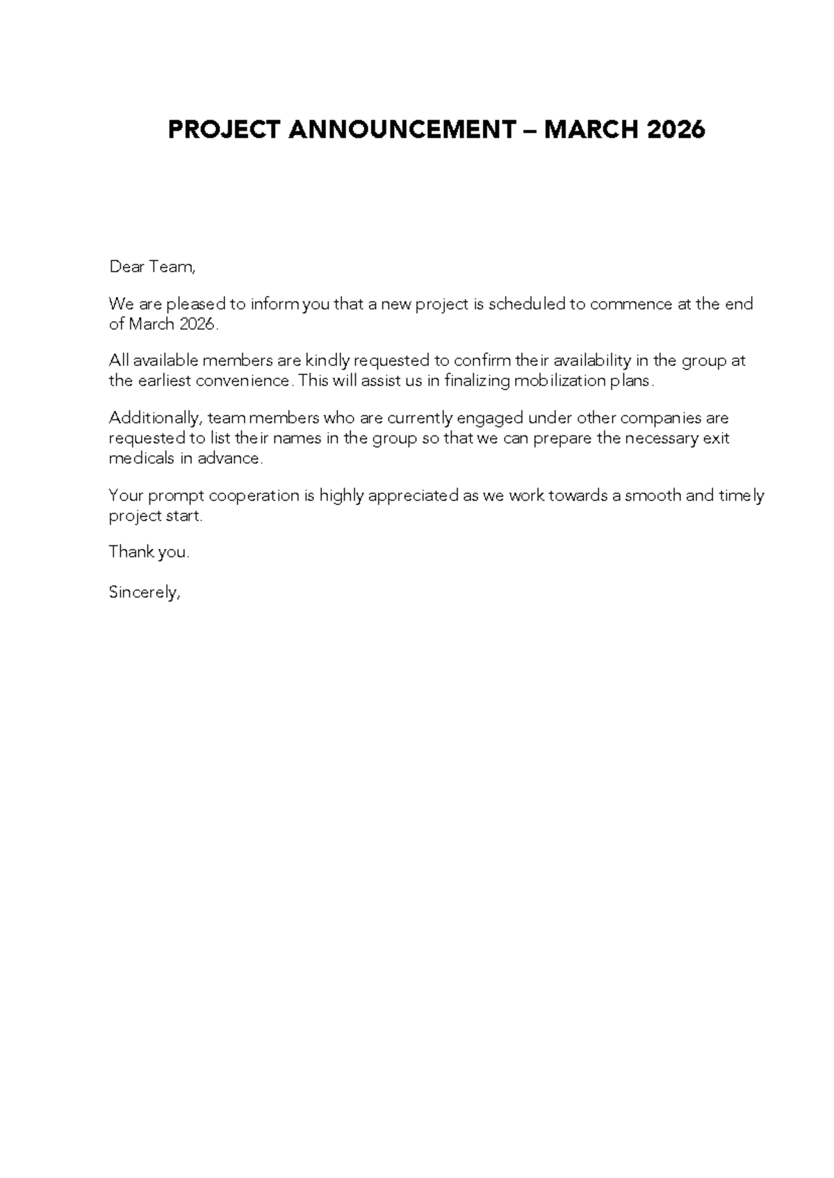 Project Announcement - March 2026: Team Availability Request - Studocu