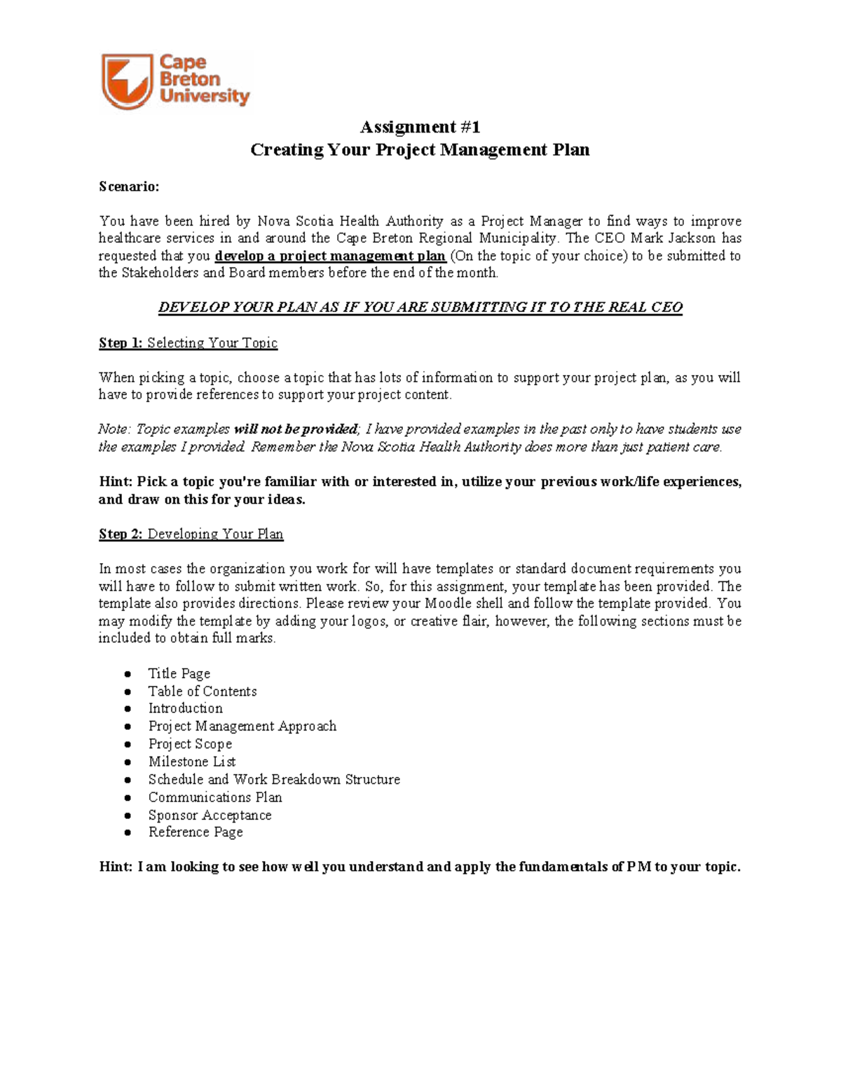 Project Management Plan Assignment for Nova Scotia Health Authority ...