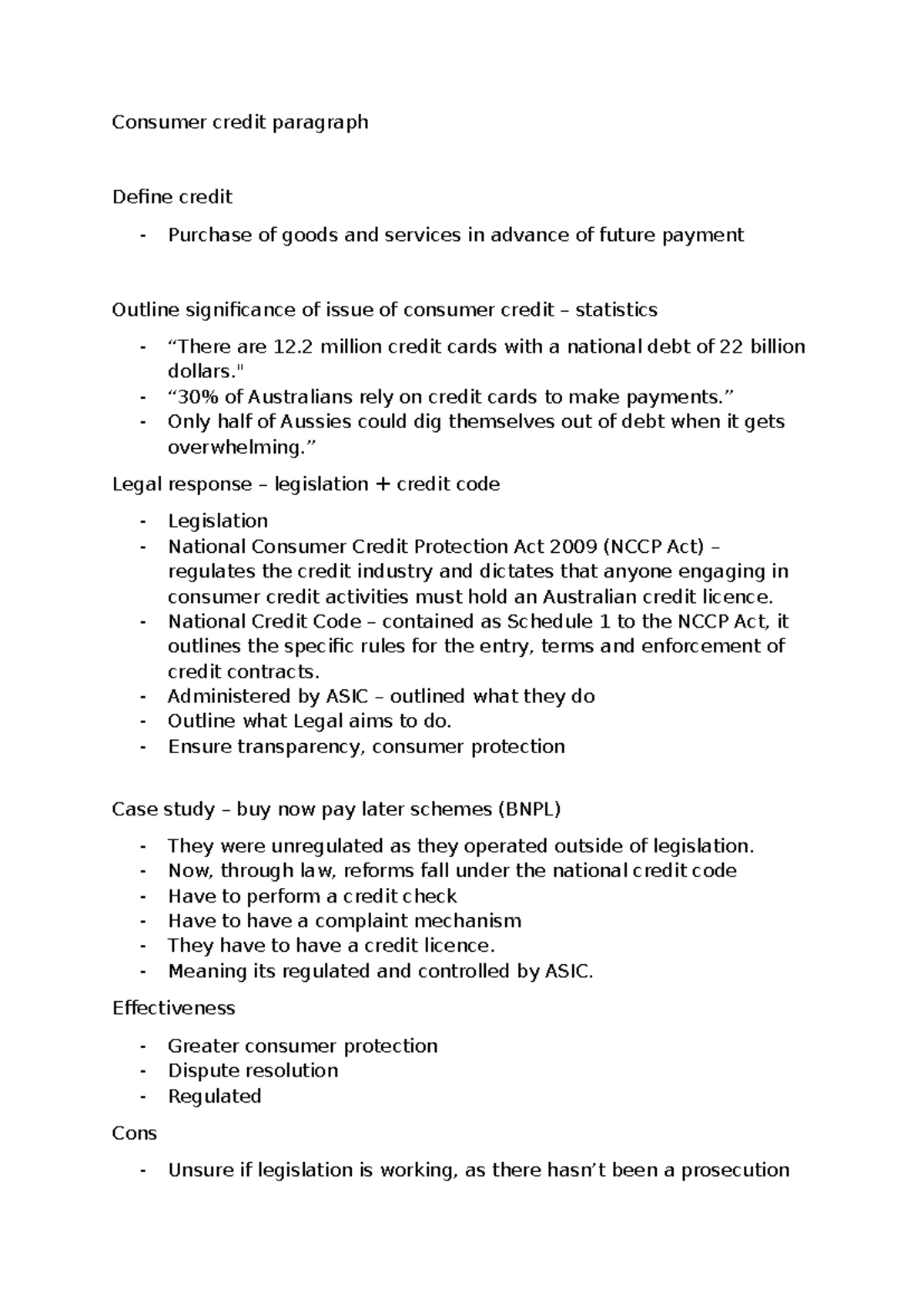 Consumer Credit Overview: Legislation & Impact on Aussies - Studocu