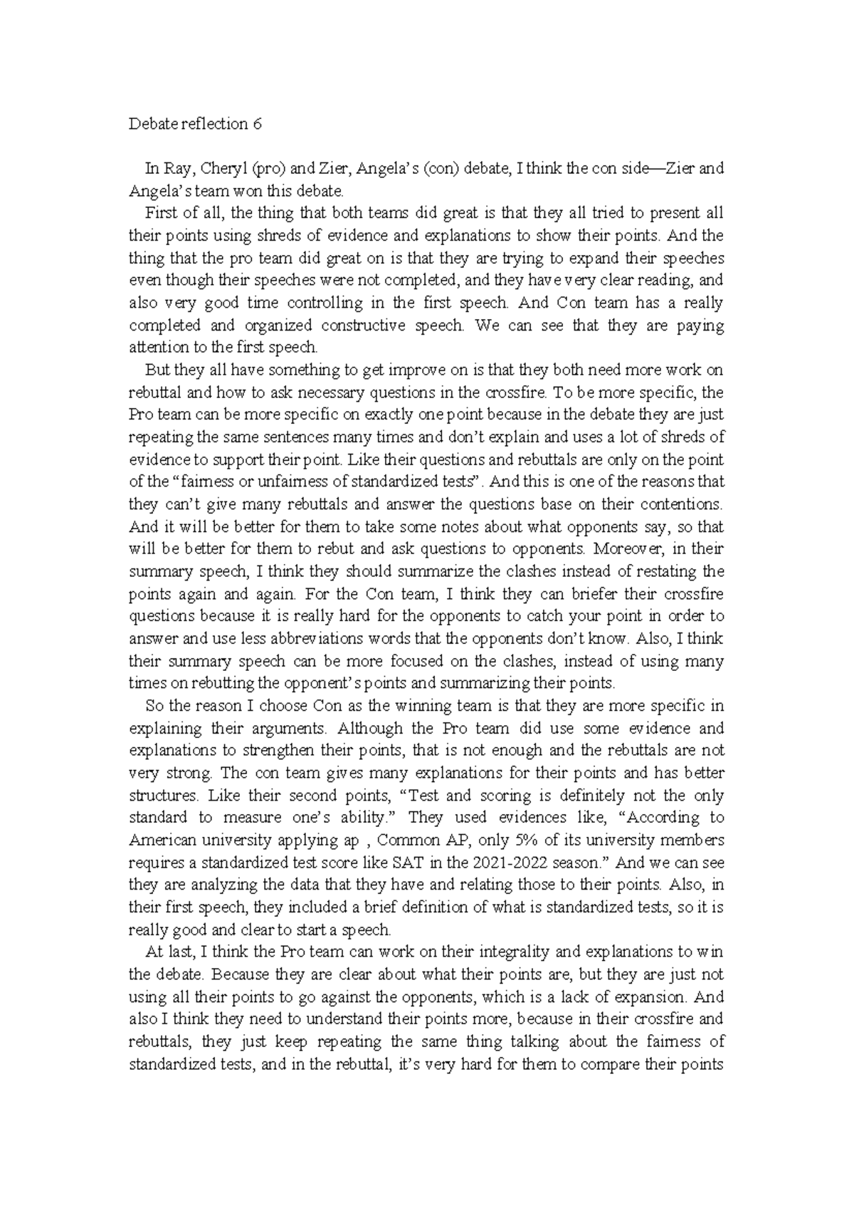 Debate Reflection 6 - Analysis of Team Strategies and Win Justification ...
