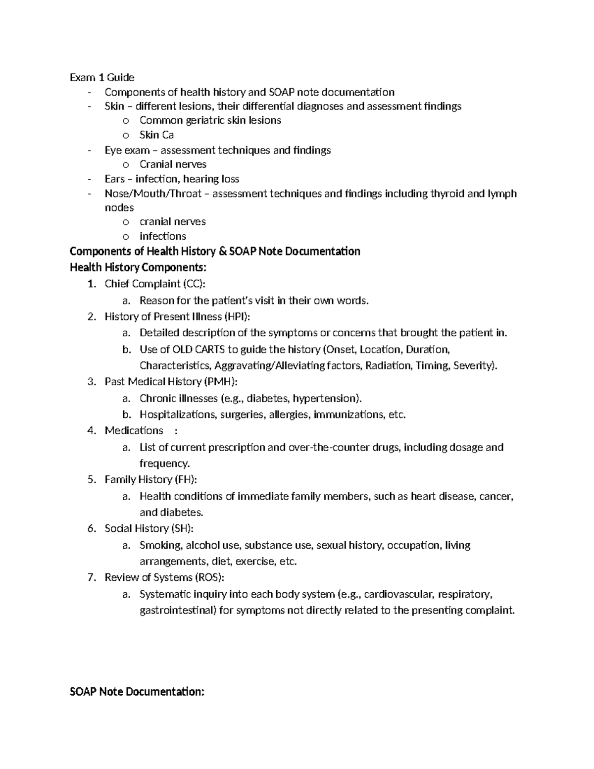 Exam 1 Guide: Health History, SOAP Notes & Skin Assessments - Studocu