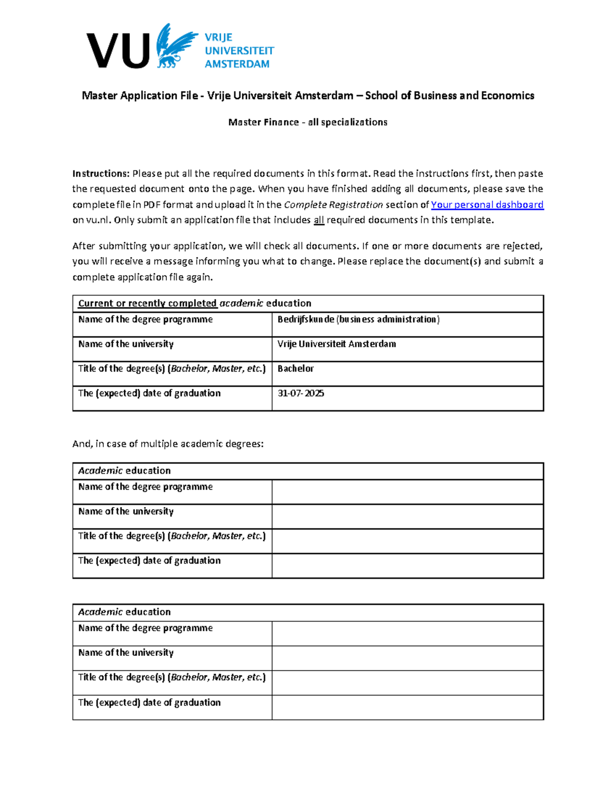 Master Application File for Master Finance (FIN) at VU Amsterdam ...