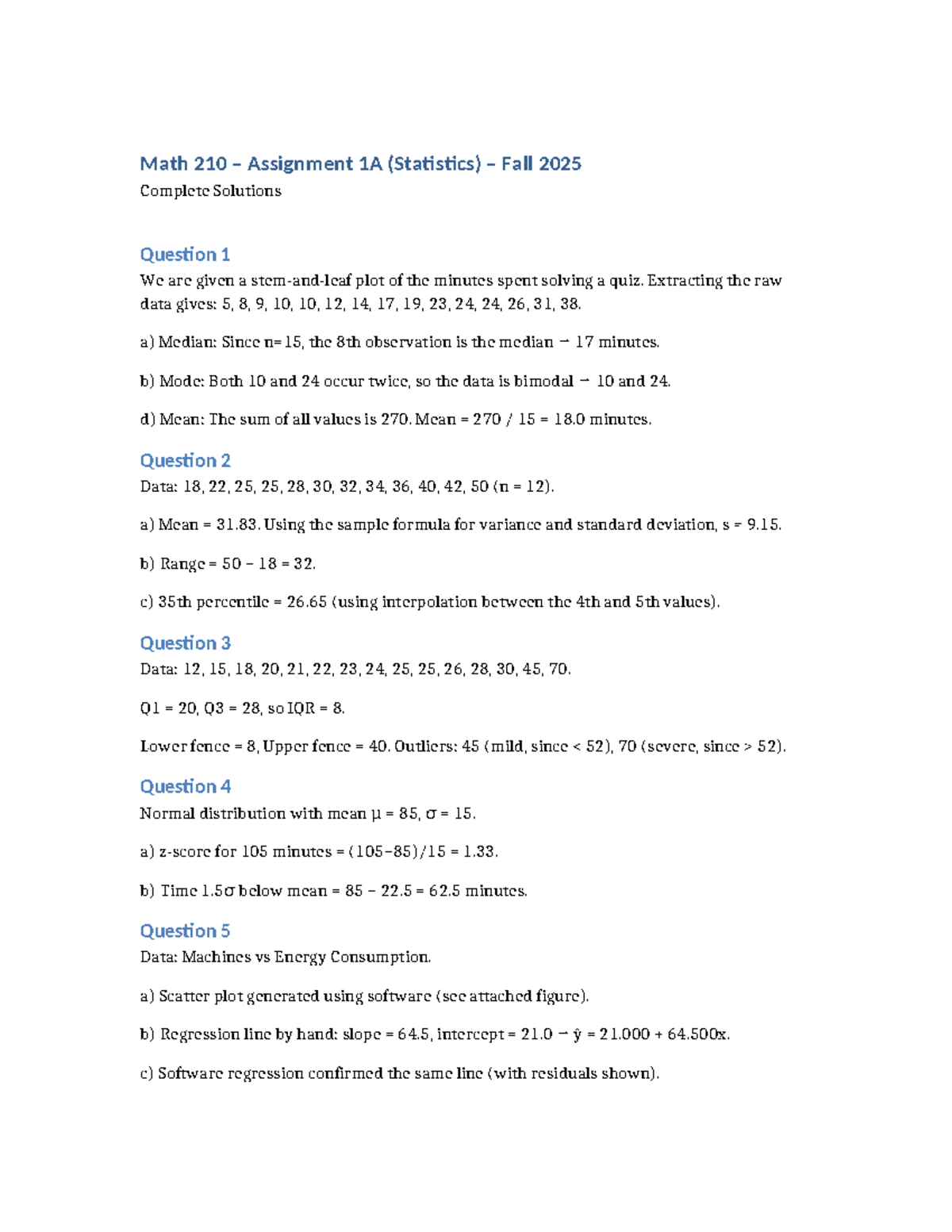 Math 210 Assignment 1A (Statistics) Complete Solutions & Figures - Studocu