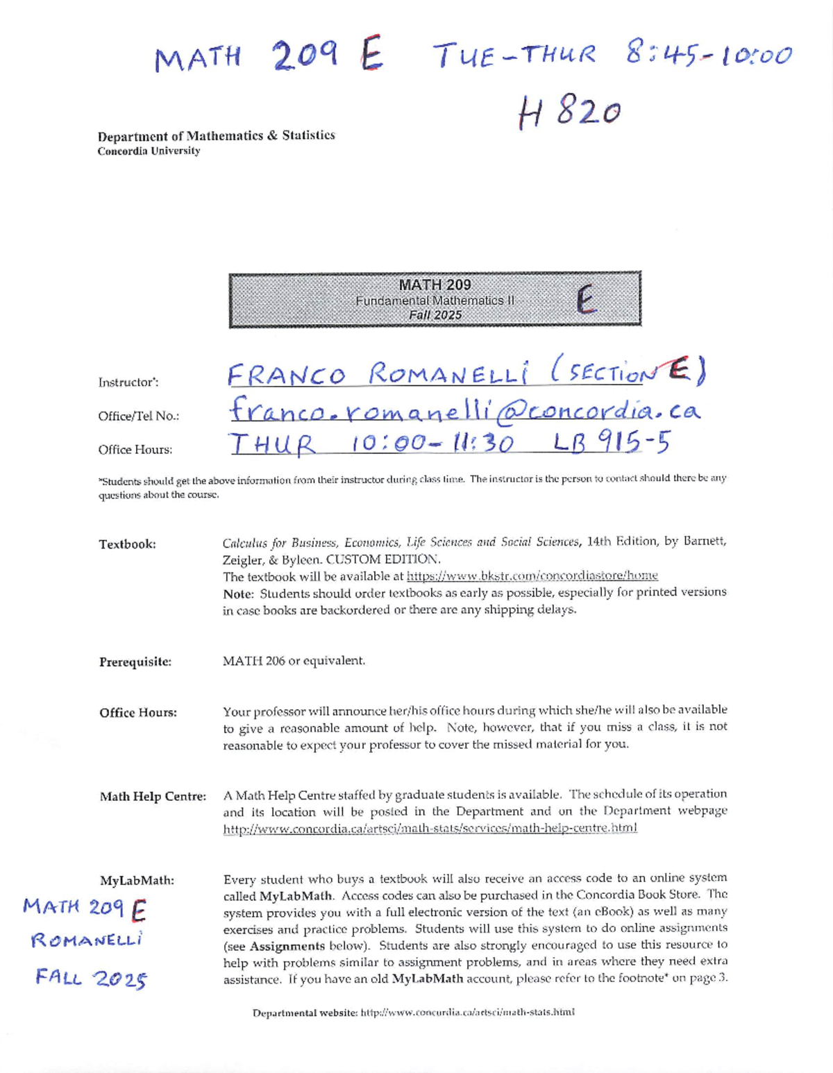 MATH 209 E Course Outline: Fundamental Mathematics II - Fall 2025 - Studocu