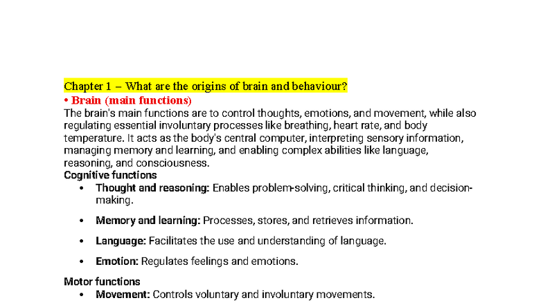Chapter 1: Origins of Brain and Behaviour - MY EXAM BIO - Studocu
