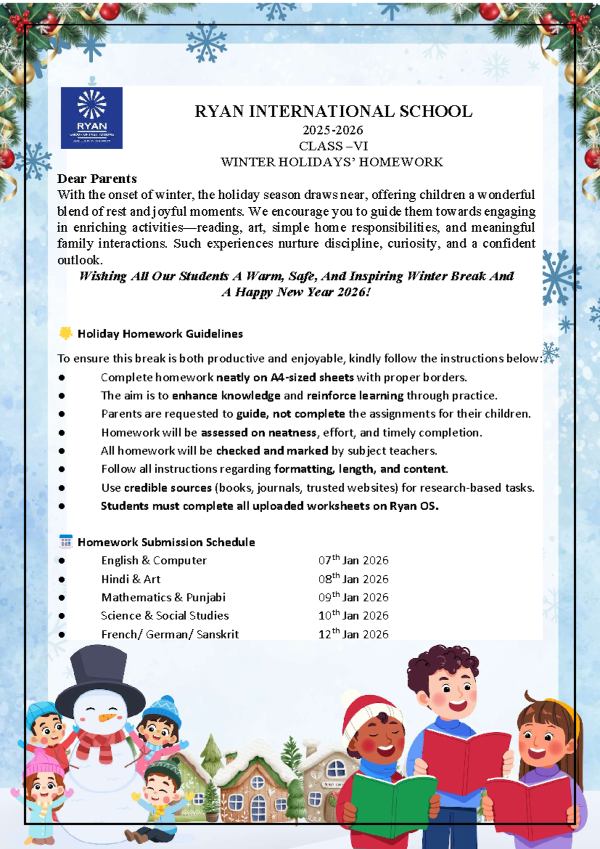 RYAN INTERNATIONAL SCHOOL CLASS VI WINTER HOLIDAY HOMEWORK 2025-26 ...