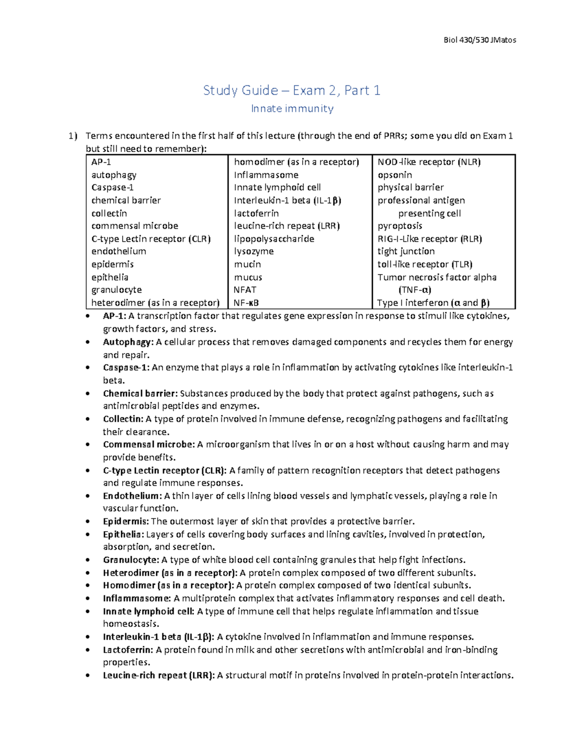 Biol 430/530 JMatos - Study Guide for Innate Immunity Exam 2, Part 1 ...