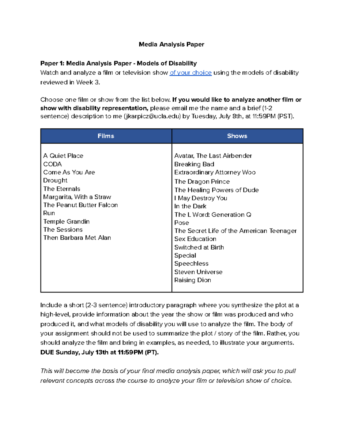 Media Analysis Paper 1: Disability Representation in Film & TV - Studocu