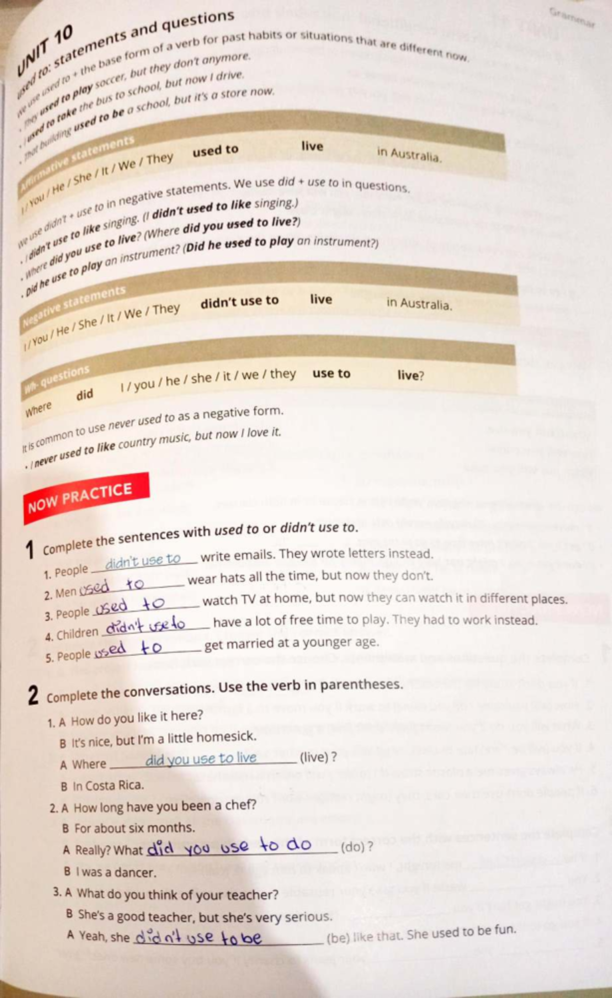 Grammar Unit 10 - Ingles: Used To Statements and Practice - Studocu